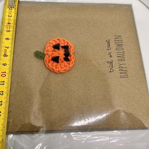 Handmade Halloween card with crocheted pumpkin and envelope, new
