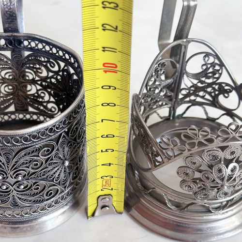 Soviet Silver-Plated Filigree Tea Glass Holders Pair Used