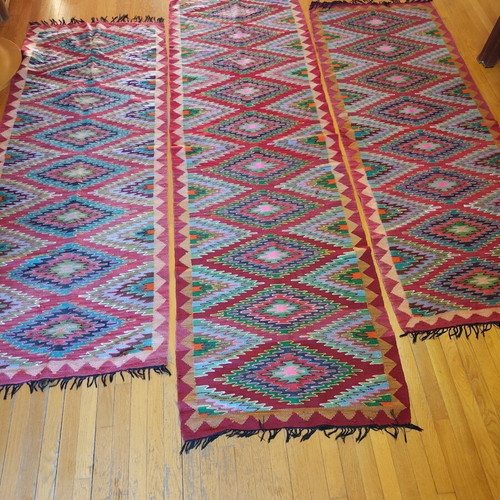 Handmade loom-woven rugs used, set of 3, various sizes