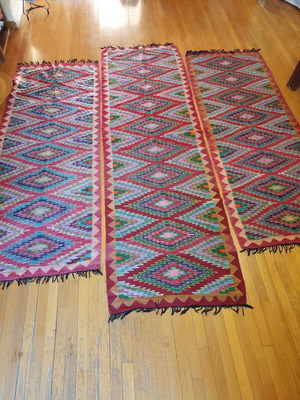 Handmade loom-woven rugs used, set of 3, various sizes