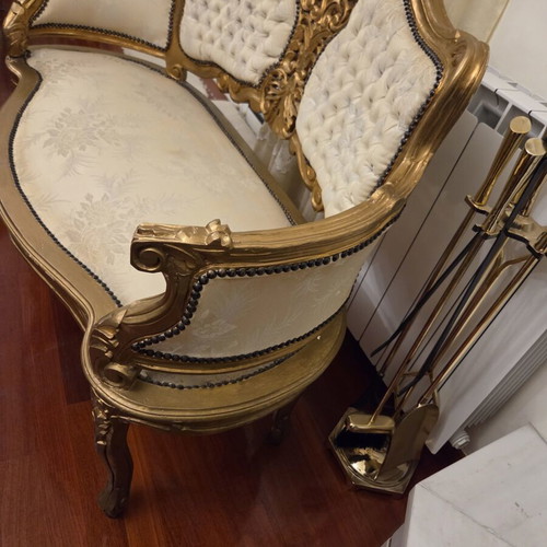 Antique living room set used, gold carved two-seater sofa and 2 armchairs