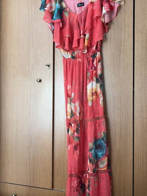 Maxi floral dress like new, coral pink with ruffles
