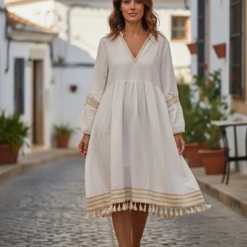 Boho dress with embroidery and fringes 100% cotton new, white
