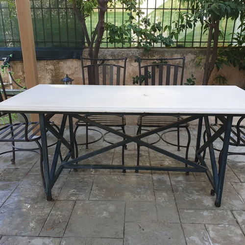 Marble table with 6 metal chairs