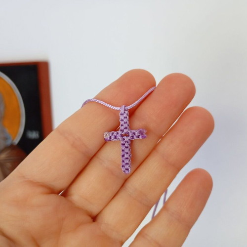 Macrame cross necklace in pink or purple