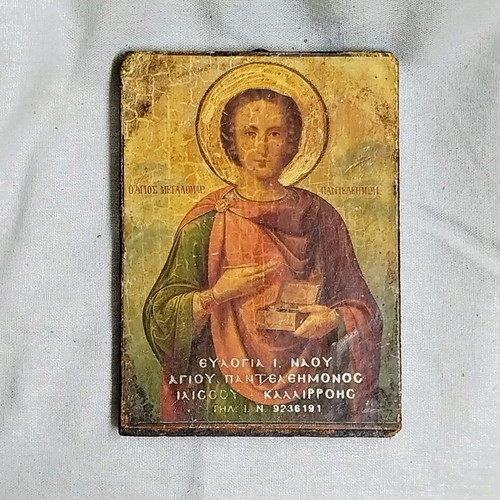 Saint Panteleimon Icon used, vintage style wooden base