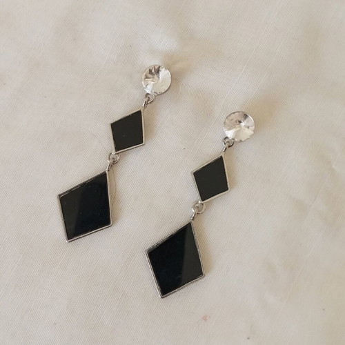 Geometric dangle earrings with black elements and rhinestones, new
