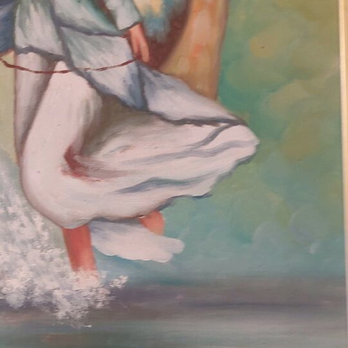 Oil painting of girl with white horse in water like new