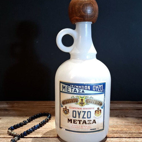 Σετ κεραμική καράφα Ούζο Μεταξά και ποτήρι highball vintage 1980, σαν καινούργιο