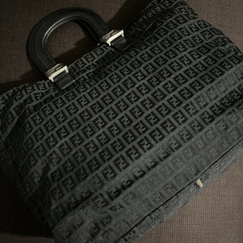 Fendi Tote Zucchino FF Logo black leather trim handles used