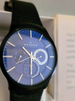 Skagen ανδρικό τιτάνιο ρολόι πολλαπλών λειτουργιών σαν καινούργιο, μαύρο δερμάτινο λουράκι