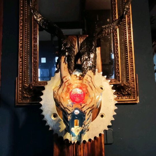 Table lamp handmade with carved goat skull and driftwood base