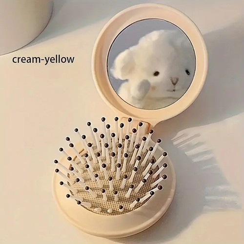 Compact mirror hairbrush cream color new