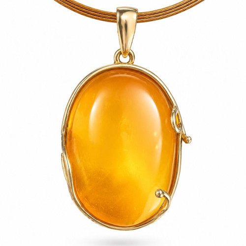 Large Landscape Baltic Amber Pendant, 24K Gold Plated 925 Silver, Handmade