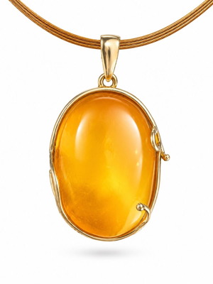 Large Landscape Baltic Amber Pendant, 24K Gold Plated 925 Silver, Handmade