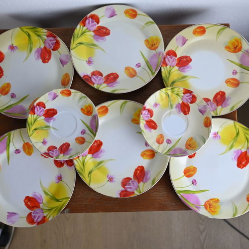Porcelain plate set used with handpainted tulip design, 8 pieces