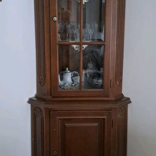 Corner showcase used, dark walnut wood