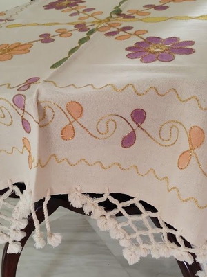 Table linens with gold thread and colorful designs, new, set of 2