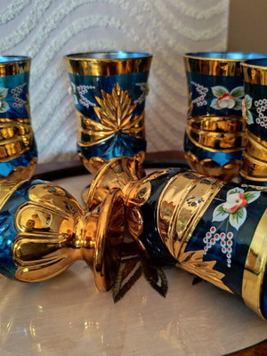 Vintage engraved water glasses new, set of 6, blue with gold details