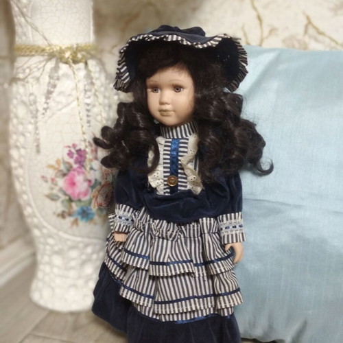 Porcelain doll vintage used, large, velvet dress, 42 cm