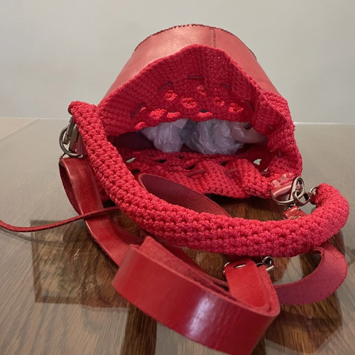 Handmade red leather and knitted pouch shoulder bag