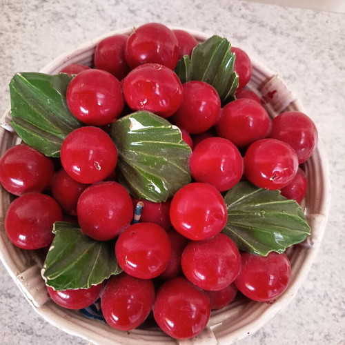 Vintage decorative basket with cherries and leaves used, ceramic porcelain