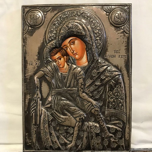 Byzantine Icon of Panagia Axion Esti handmade with silver