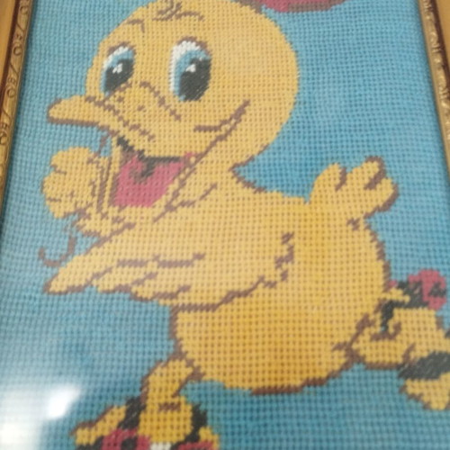 Premium vintage handmade Tweety embroidery in golden wooden frame, like new