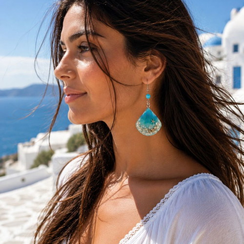Handmade earrings with stars, shells, pearls, and crystals in resin
