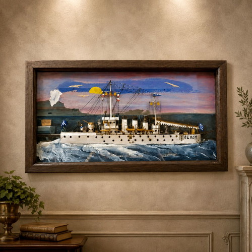 Bemom hand-painted ship painting in frame, folk prisoner art