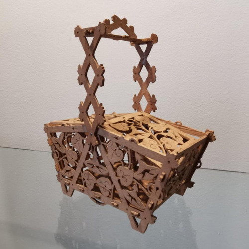 Wooden tray and basket set used, vintage with pierced decoration