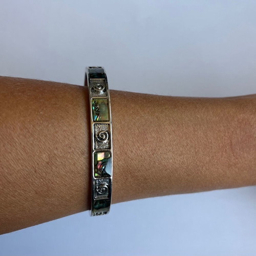 Steel bangle bracelet with abalone shell inlays new