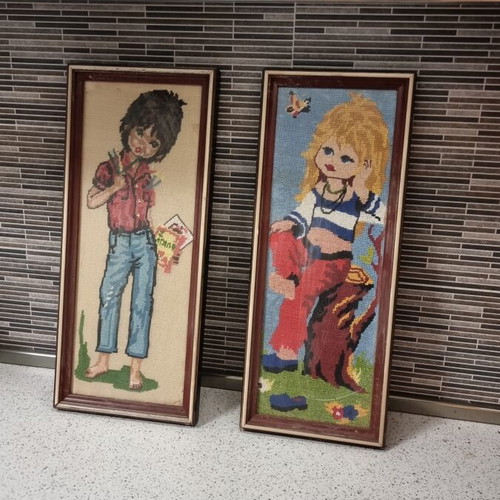 Vintage framed textile paintings set used