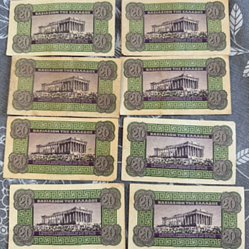 Pack of 8 authentic 20 Drachma banknotes 1955, Kingdom of Greece / Parthenon