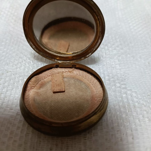 Vintage powder compact used, bronze with original pom pom