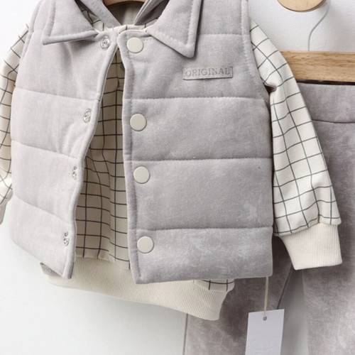 Cotton boy's set new 3-piece with hoodie blouse, pants and quilted vest