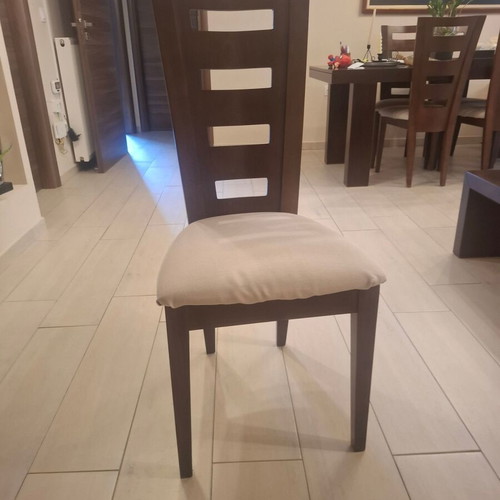 Set of 6 wooden dining chairs, dark wood with light fabric