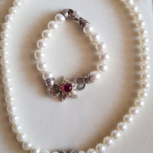 Pearl necklace and bracelet set silver 925 and 18K gold used