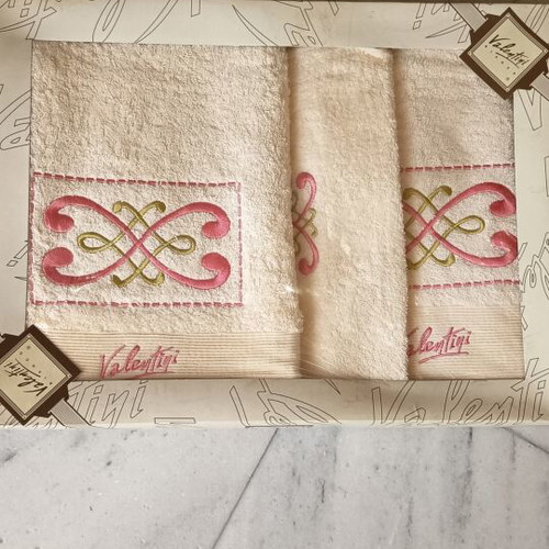 Valentini towel set of 3, bath face hand, ivory with pink embroidery