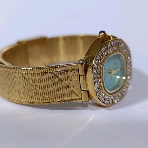 Ieke women's watch new, gold with turquoise dial and double rhinestones