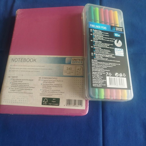 Large pink notebook and United Office fineliner pen set new