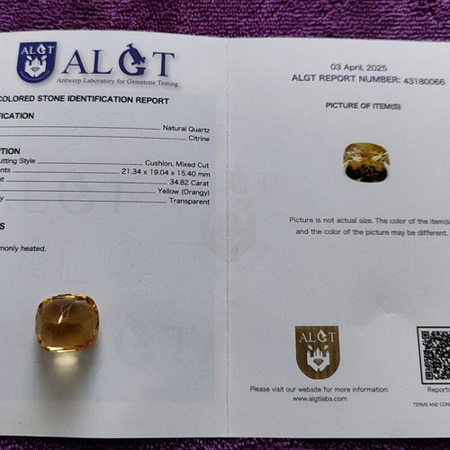 Citrine 34.82 ct certified by ALGT