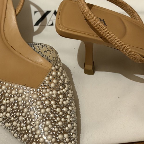 Zara pearl and rhinestone slingback pumps, size 38, nude camel