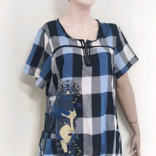 Women's checked shirt with embroidery and short sleeves, new