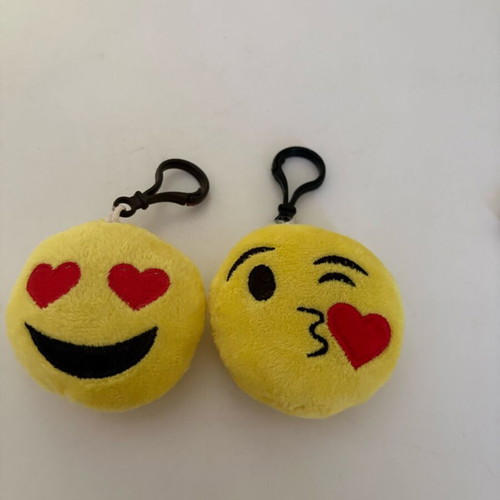 Set of 4 plush keychains with emoji, panda and love doll