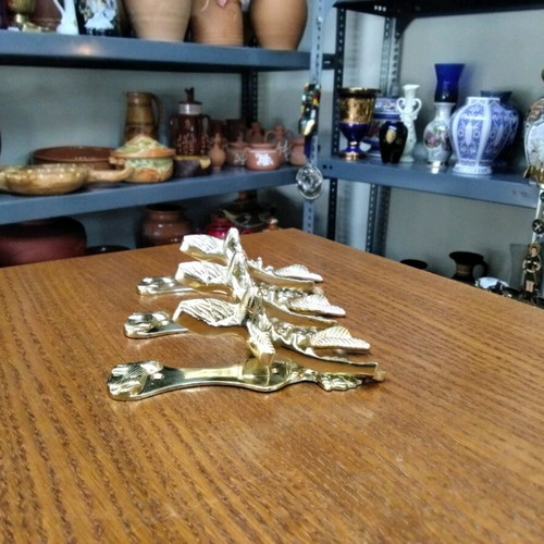 Set of brass reindeer door handles in golden tone like new, 3 pieces