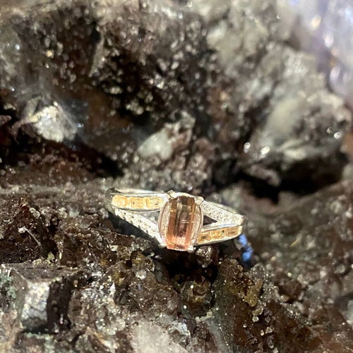 Handmade silver ring with natural watermelon tourmaline and moissanite, new