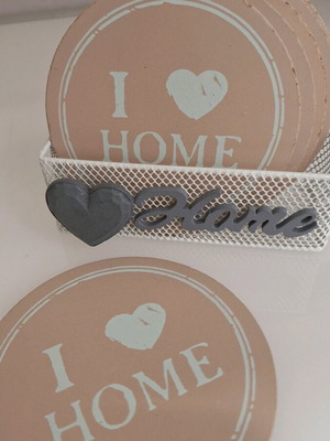 Set of 6 coasters with holder, 10 cm diameter, new