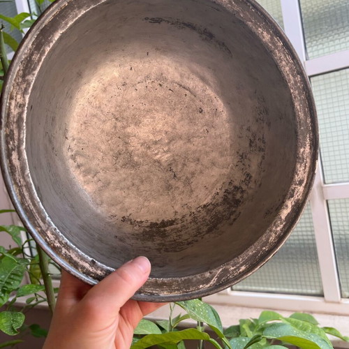Antique copper pot with lid and monograms used, circa 1900