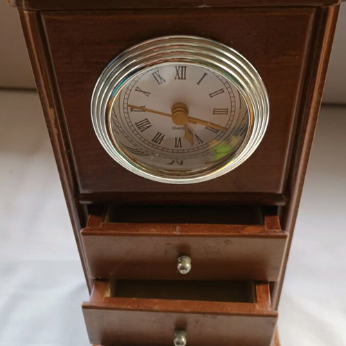 Wooden jewelry box with clock used, brown